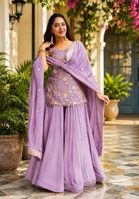 Lavender Sequin Work Silk Kurta Set