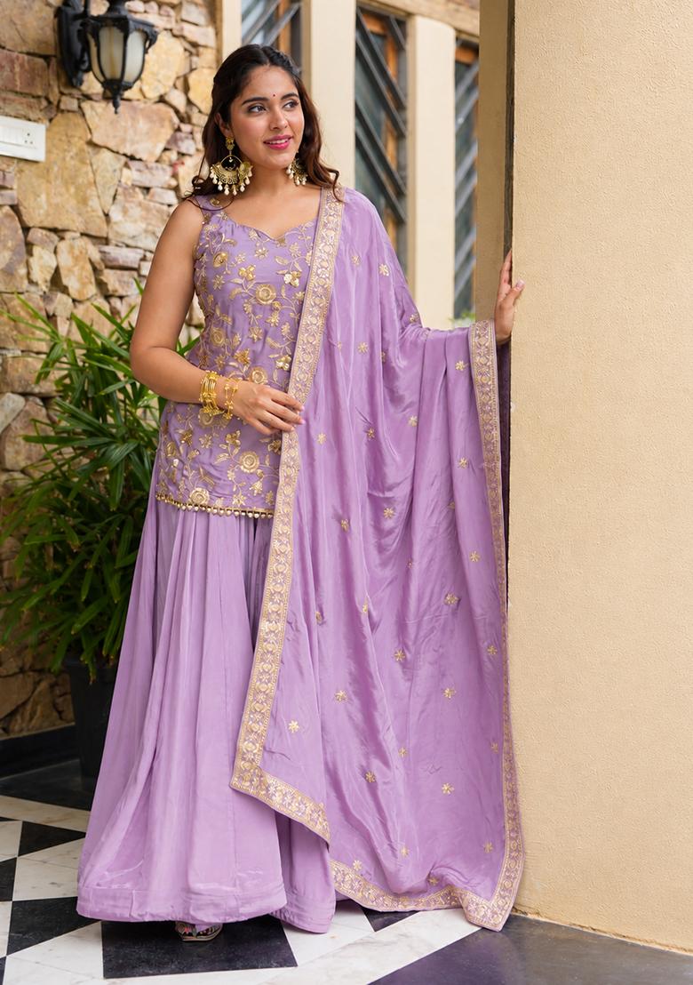 Lavender Sequin Work Silk Kurta Set - Indya