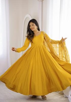 Yellow Sequin Work Silk Anarkali Set