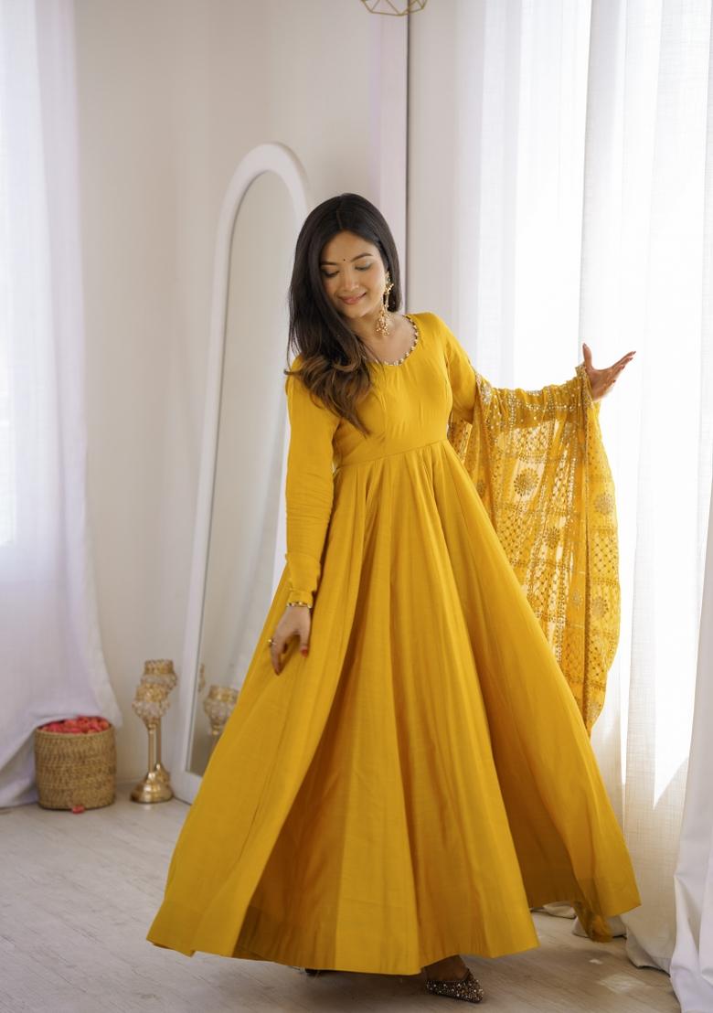 Yellow Sequin Work Silk Anarkali Set - Indya