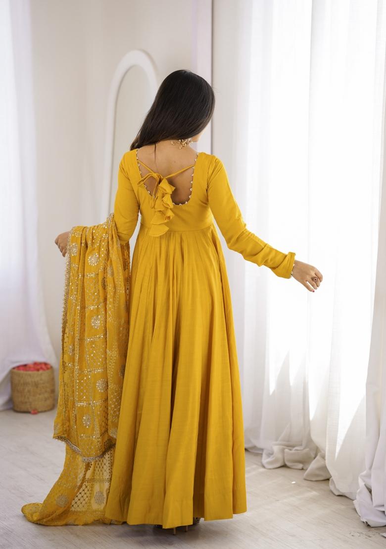 Yellow Sequin Work Silk Anarkali Set - Indya