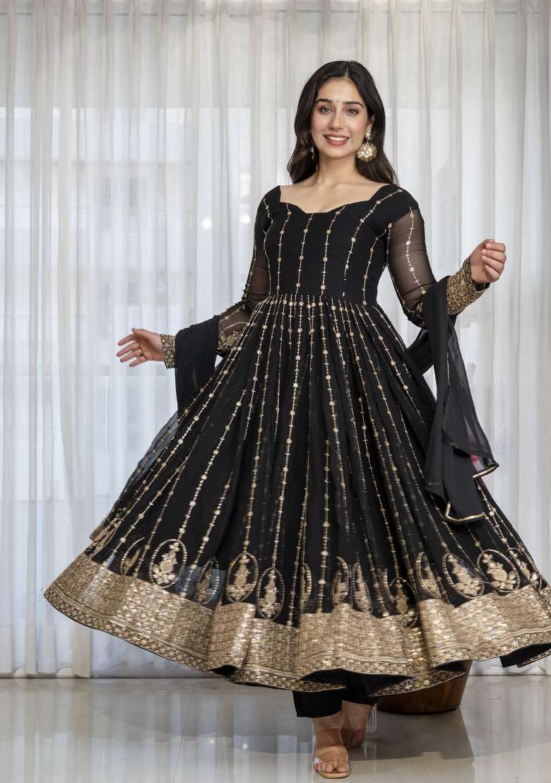 Black Sequin Work Silk Kurta Set - Indya