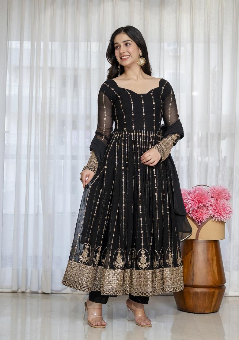 Black Sequin Work Silk Kurta Set - Indya