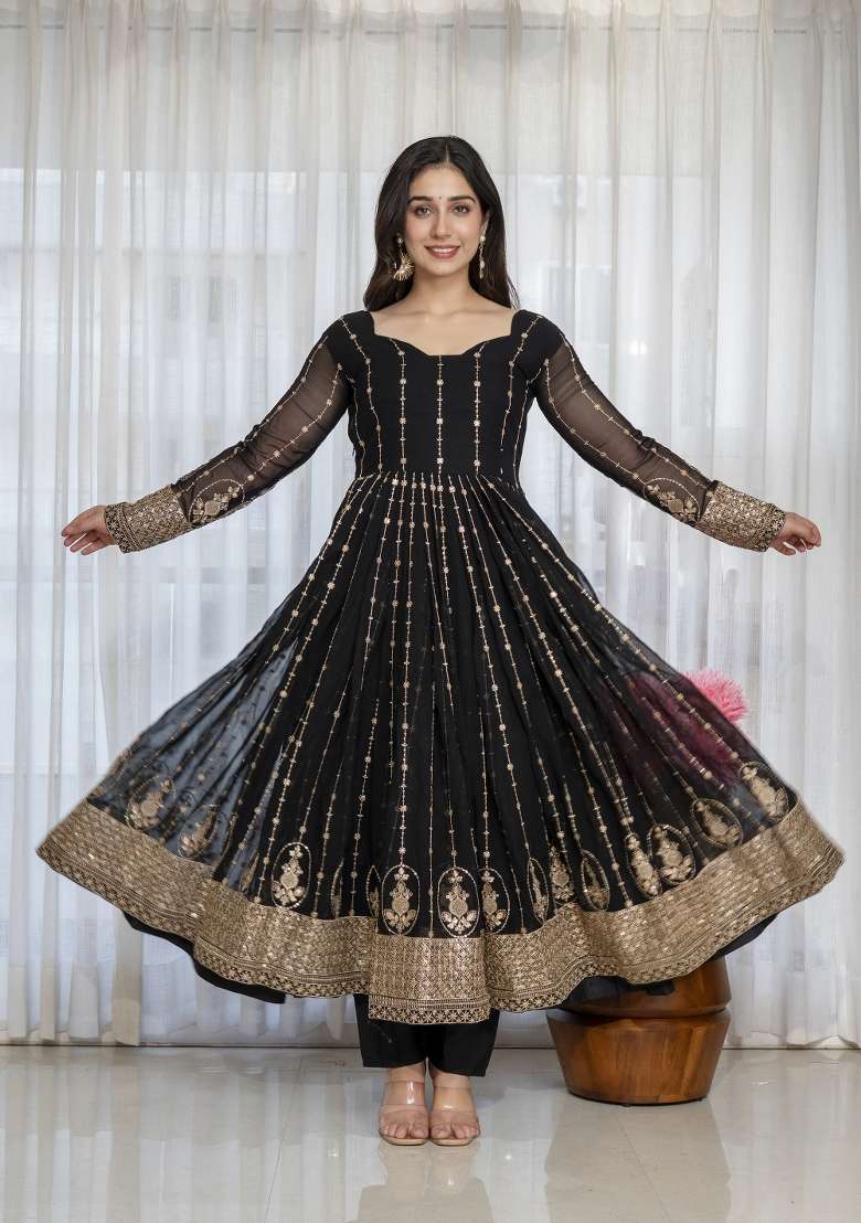 Black Sequin Work Silk Kurta Set - Indya