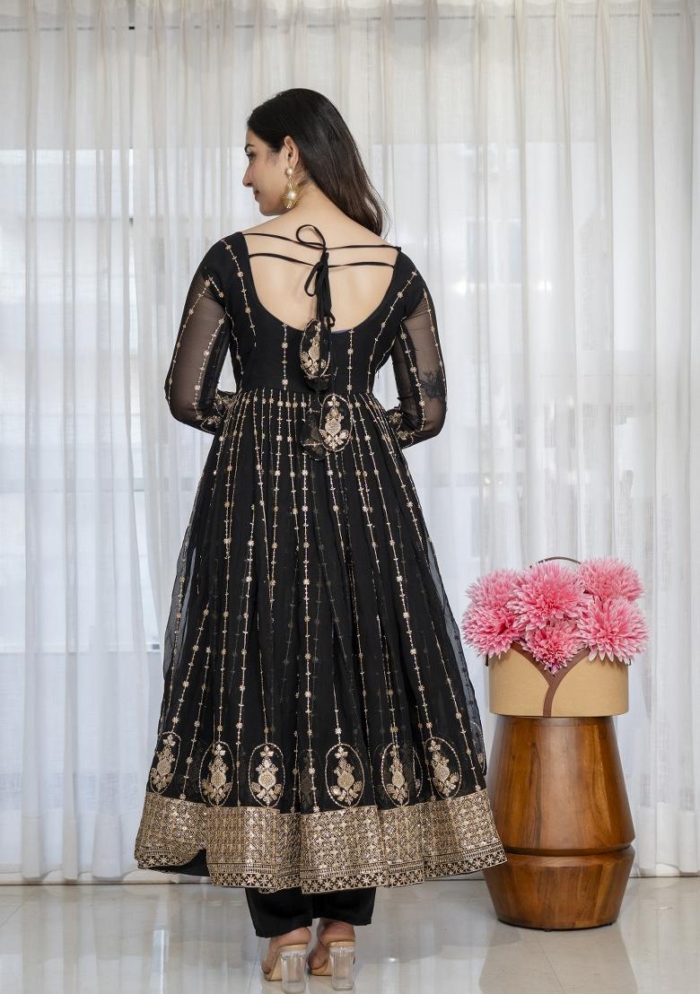 Black Sequin Work Silk Kurta Set - Indya