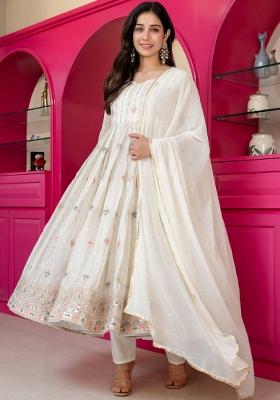 White Sequin Work Silk Kurta Set