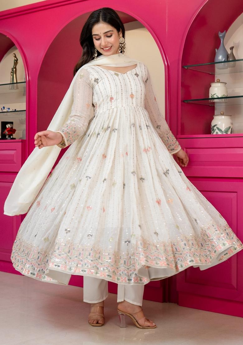White Sequin Work Silk Kurta Set - Indya