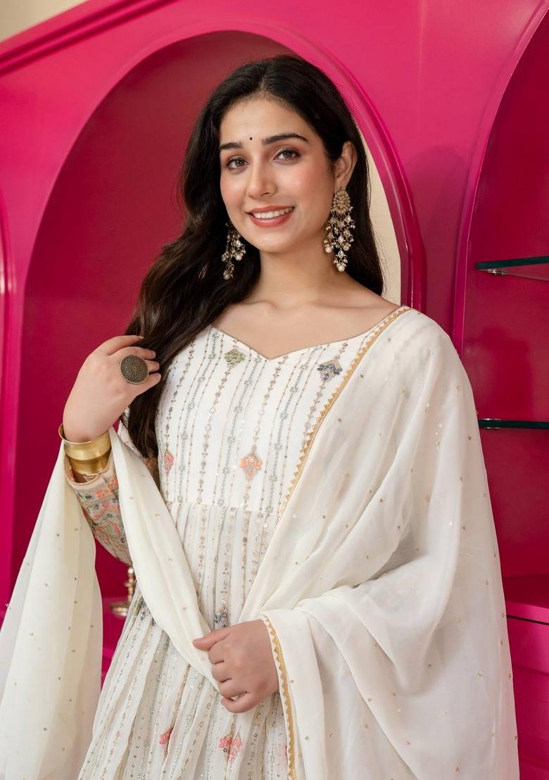White Sequin Work Silk Kurta Set - Indya