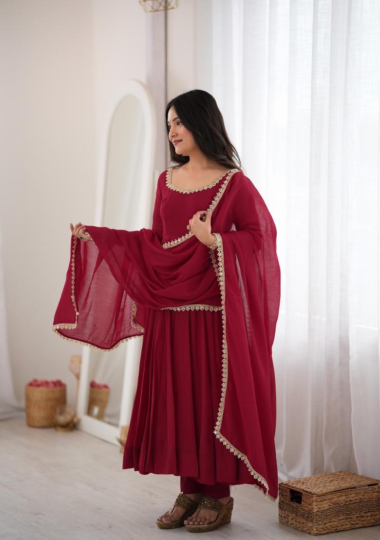 Maroon Sequin Work Silk Anarkali Set - Indya