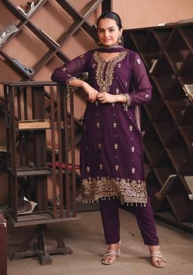 Wine Sequin Work Georgette Kurta Set