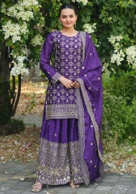 Purple Sequin Work Chinon Kurta Set