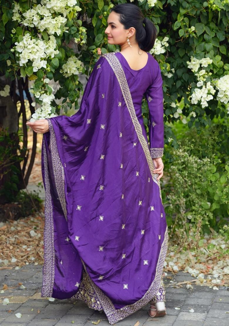 Purple Sequin Work Chinon Kurta Set - Indya