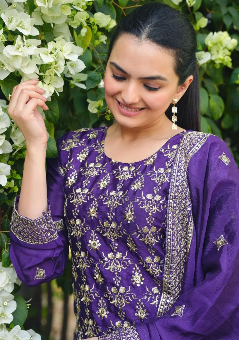 Purple Sequin Work Chinon Kurta Set - Indya