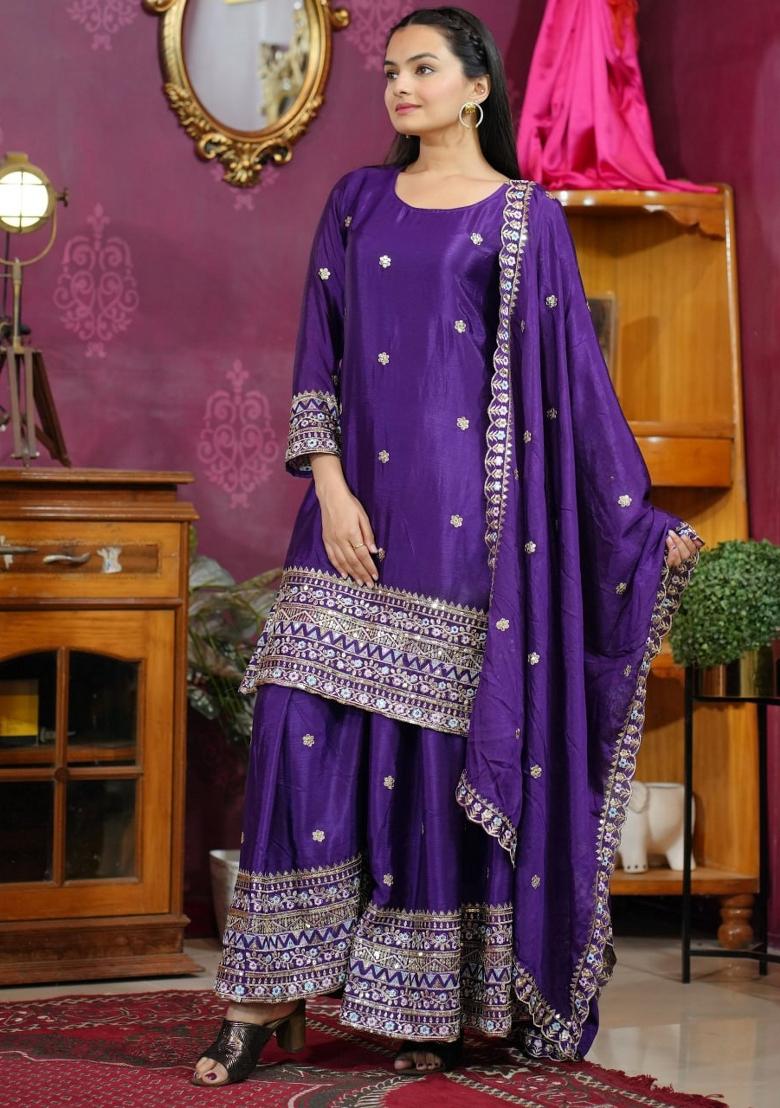 Purple Sequin Work Chinon Kurta Set - Indya