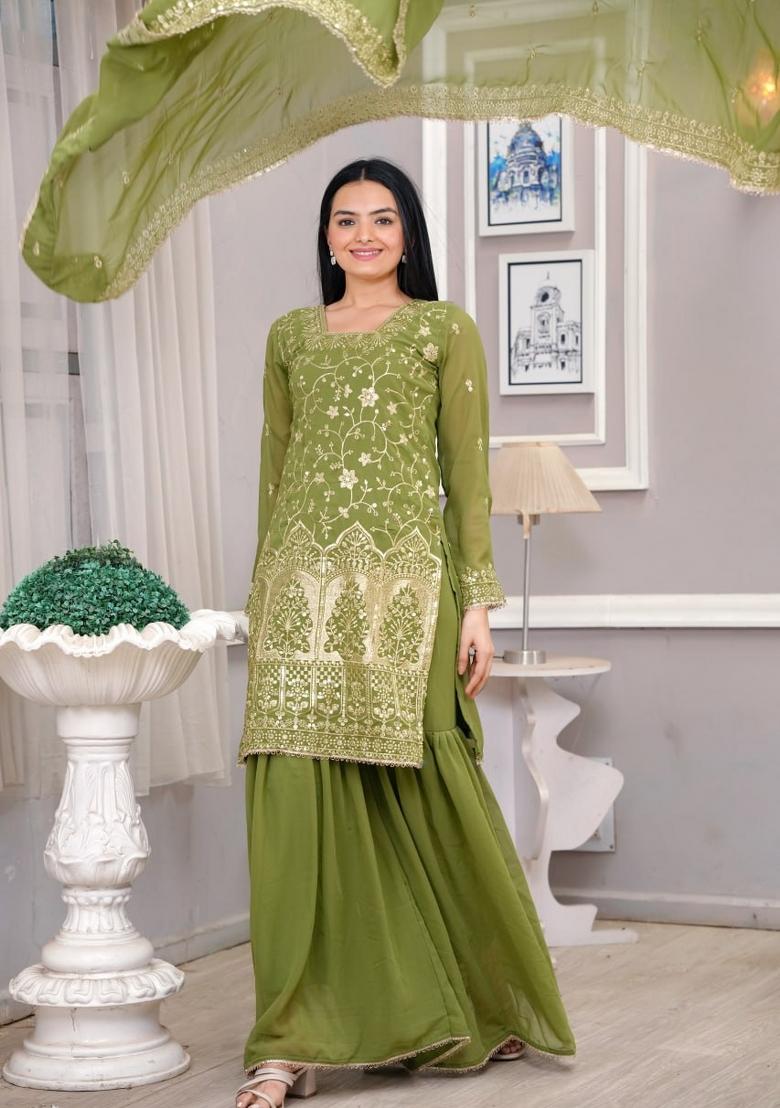Parrot Green Sequin Work Georgette Kurta Set - Indya
