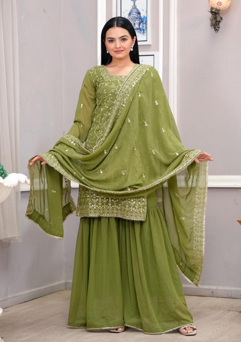 Parrot Green Sequin Work Georgette Kurta Set - Indya