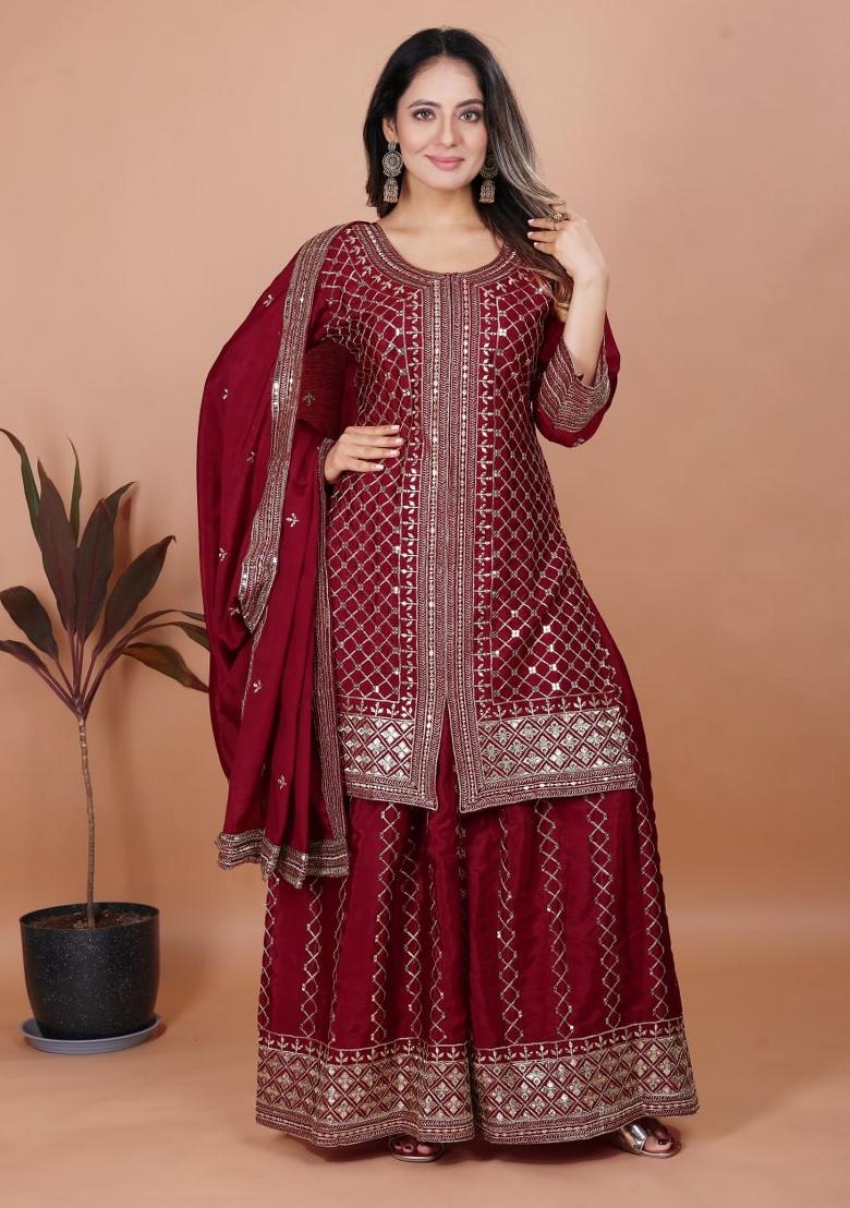 Maroon Sequin Work Chinon Kurta Set - Indya