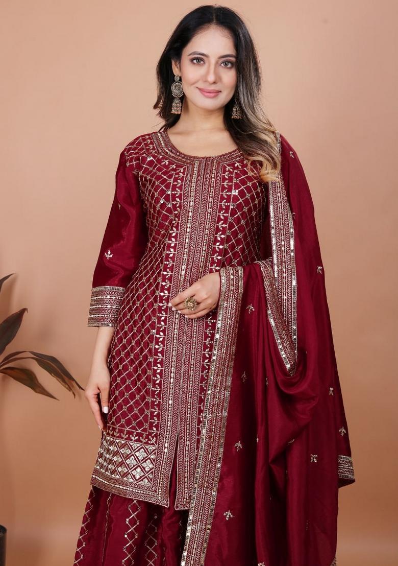 Maroon Sequin Work Chinon Kurta Set - Indya