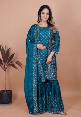 Teal Blue Sequin Work Natural Crepe Kurta Set