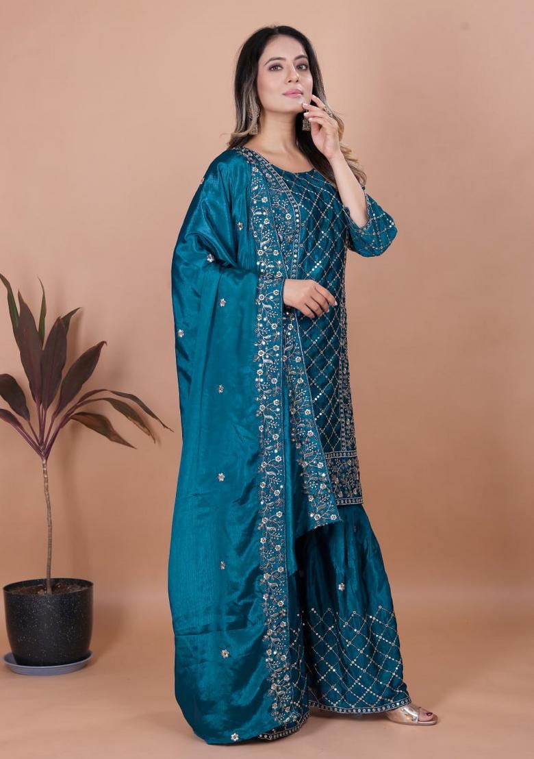 Teal Blue Sequin Work Natural Crepe Kurta Set - Indya