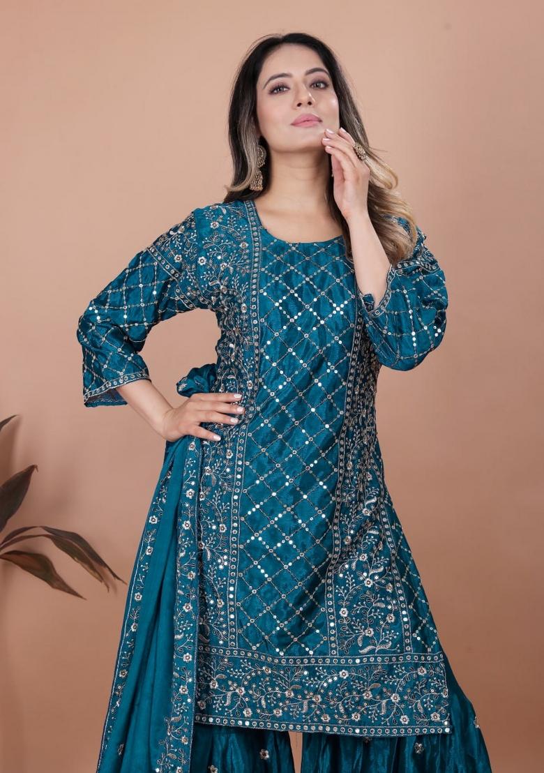 Teal Blue Sequin Work Natural Crepe Kurta Set - Indya