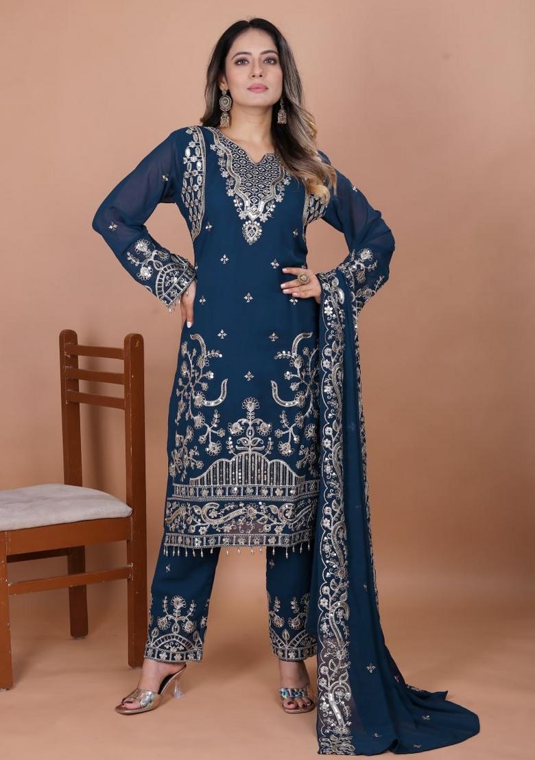 Navy Blue Sequin Work Georgette Kurta Set - Indya