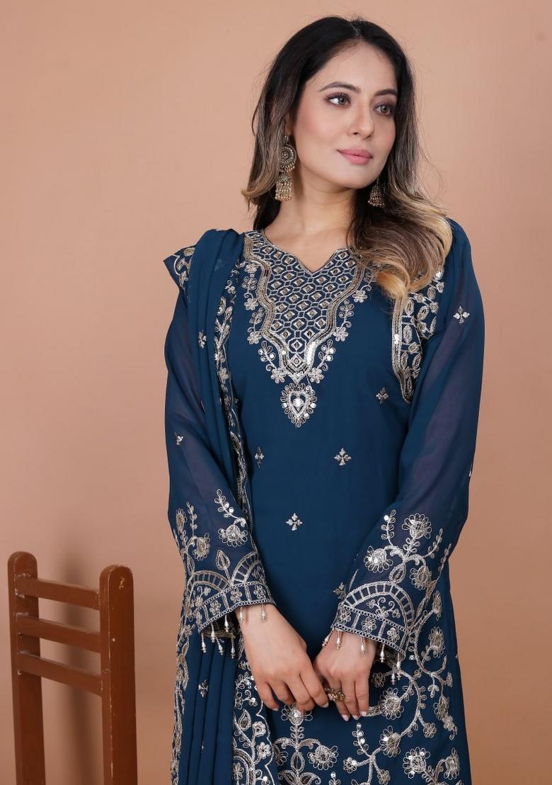 Navy Blue Sequin Work Georgette Kurta Set - Indya