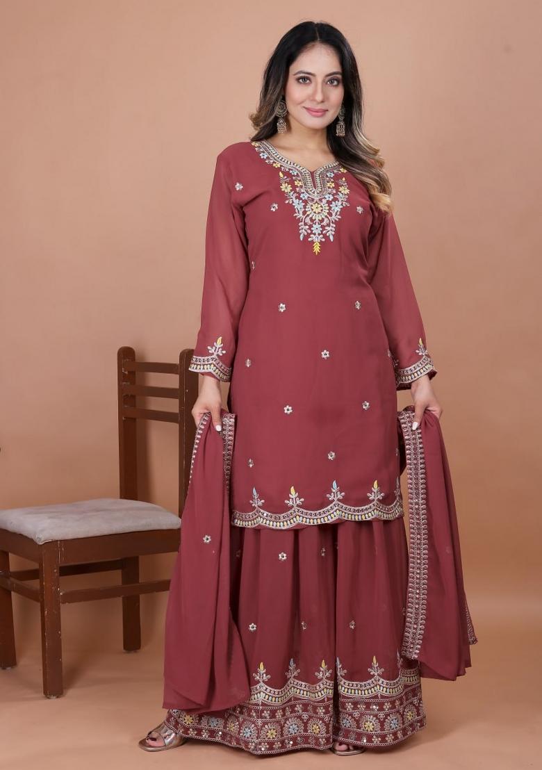 Mustard Pink Sequin Work Georgette Kurta Set - Indya