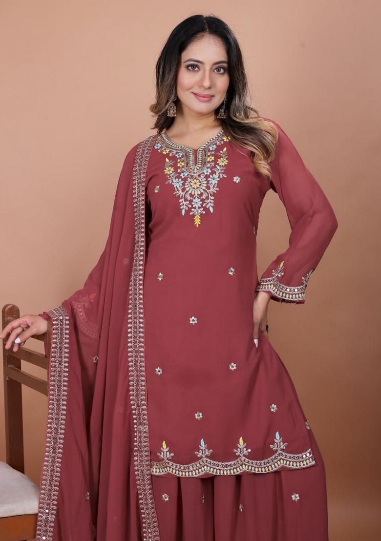 Mustard Pink Sequin Work Georgette Kurta Set - Indya