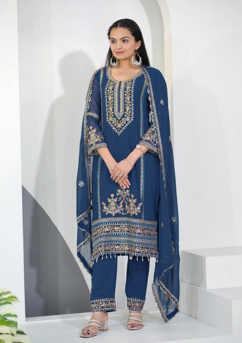 Navy Blue Sequin Work Georgette Kurta Set - Indya
