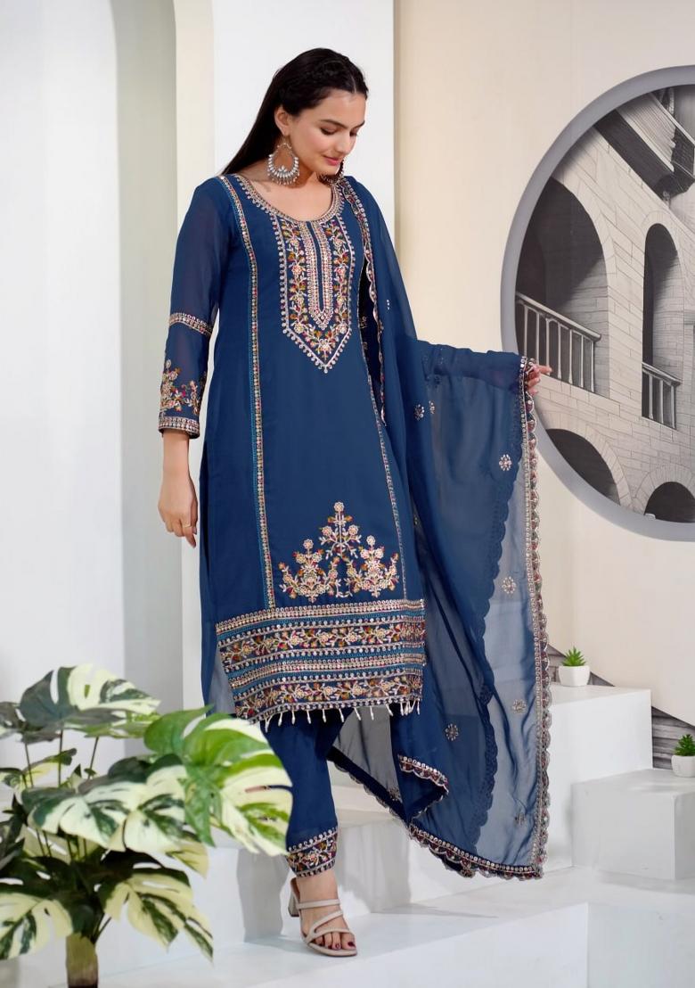Navy Blue Sequin Work Georgette Kurta Set - Indya
