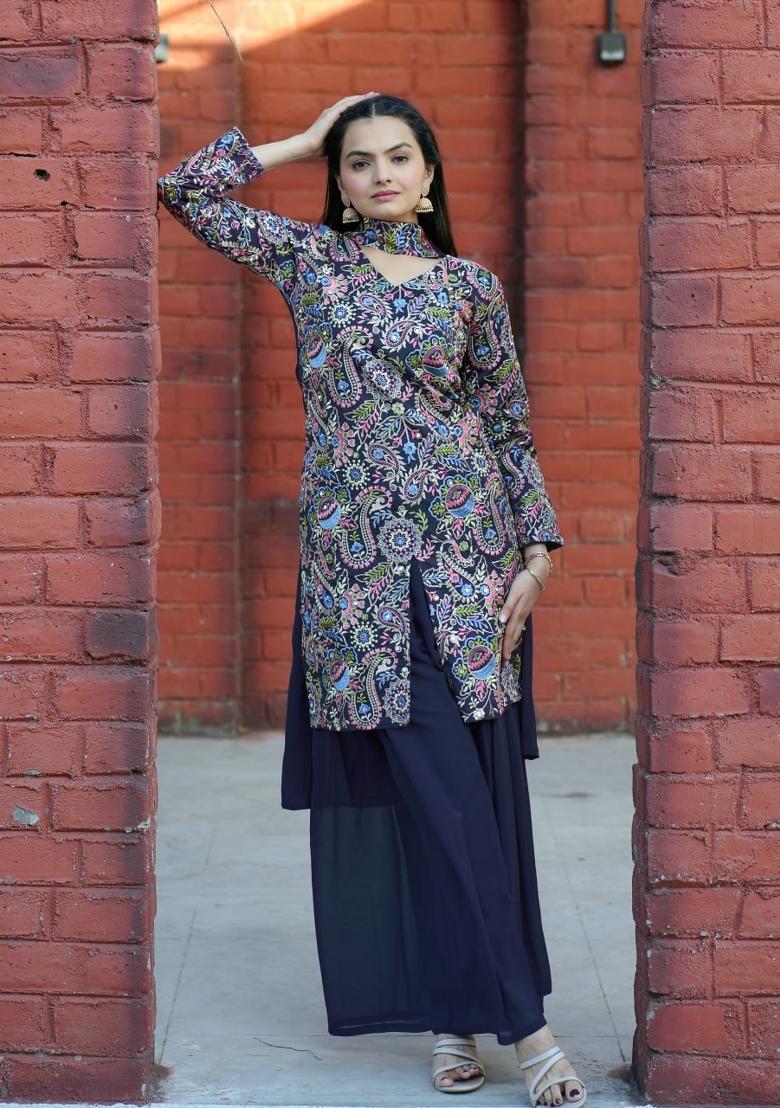 Black Sequin Work Silk Kurta Set - Indya