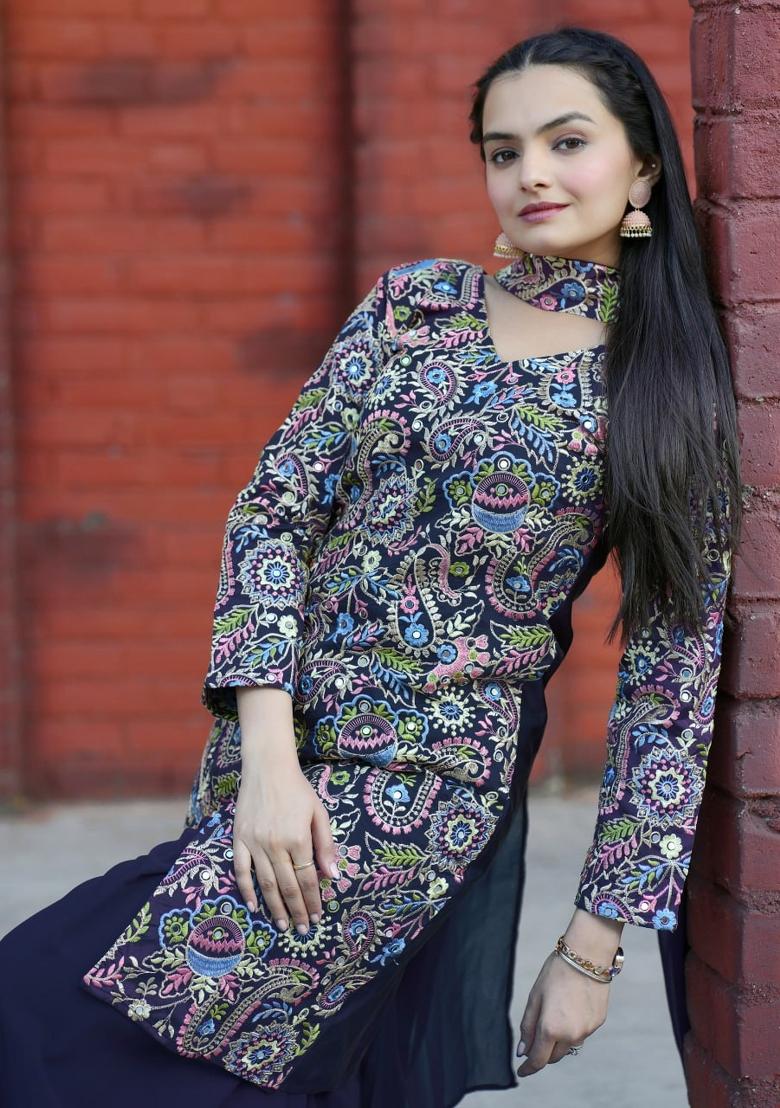 Black Sequin Work Silk Kurta Set - Indya