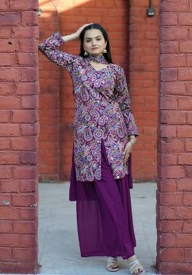 Wine Sequin Work Silk Kurta Set