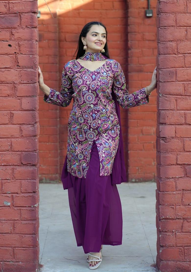Wine Sequin Work Silk Kurta Set - Indya