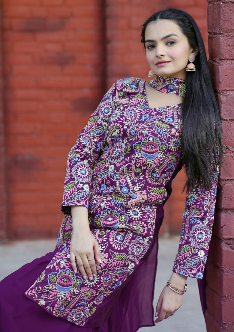 Wine Sequin Work Silk Kurta Set - Indya