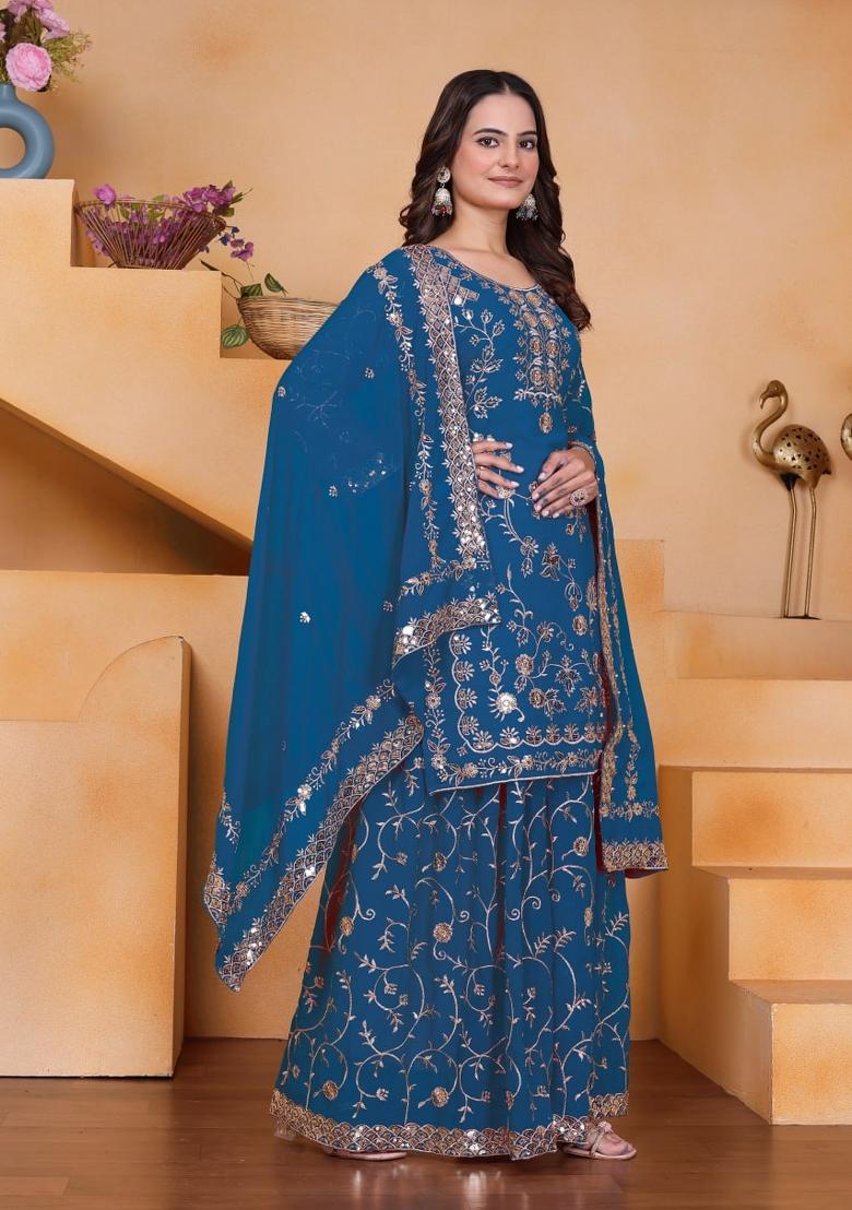 Blue Sequin Work Georgette Kurta Set - Indya