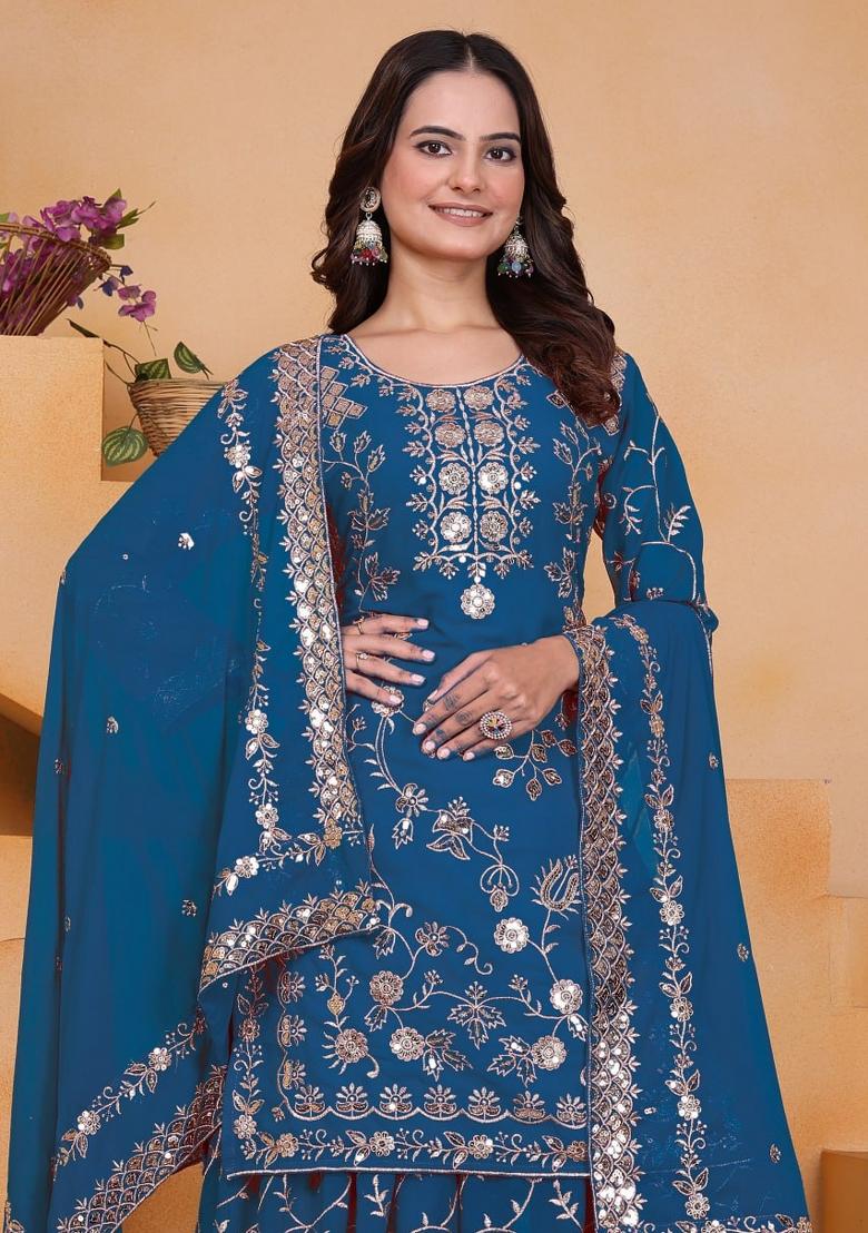 Blue Sequin Work Georgette Kurta Set - Indya