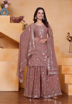 Coffee Sequin Work Georgette Kurta Set