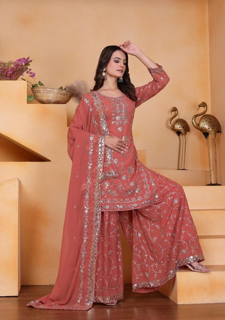 Orange Sequin Work Georgette Kurta Set - Indya