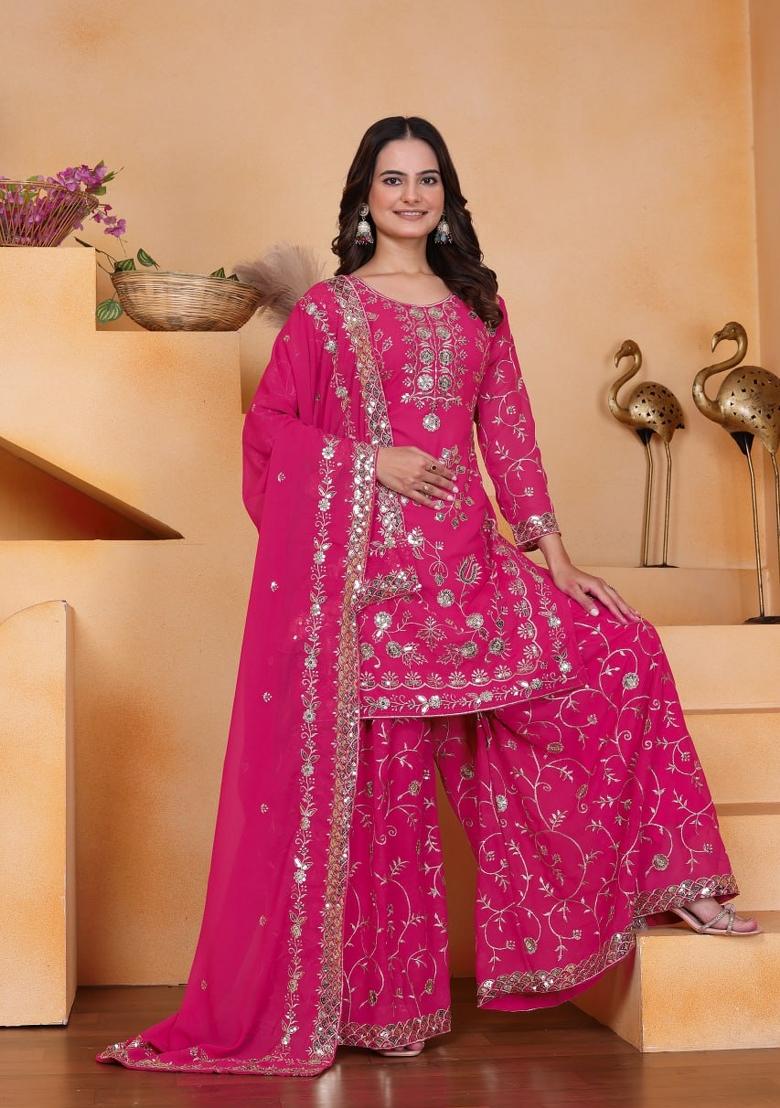 Pink Sequin Work Georgette Kurta Set - Indya