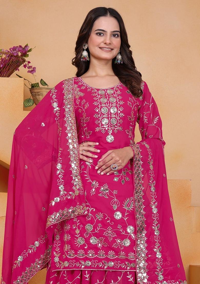 Pink Sequin Work Georgette Kurta Set - Indya