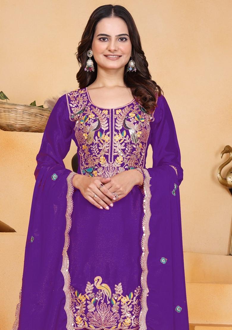 Blue Sequin Work Chinon Kurta Set - Indya