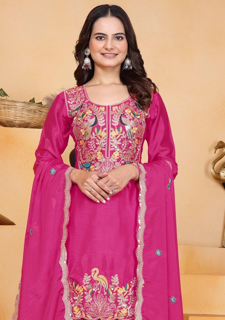 Pink Sequin Work Chinon Kurta Set - Indya