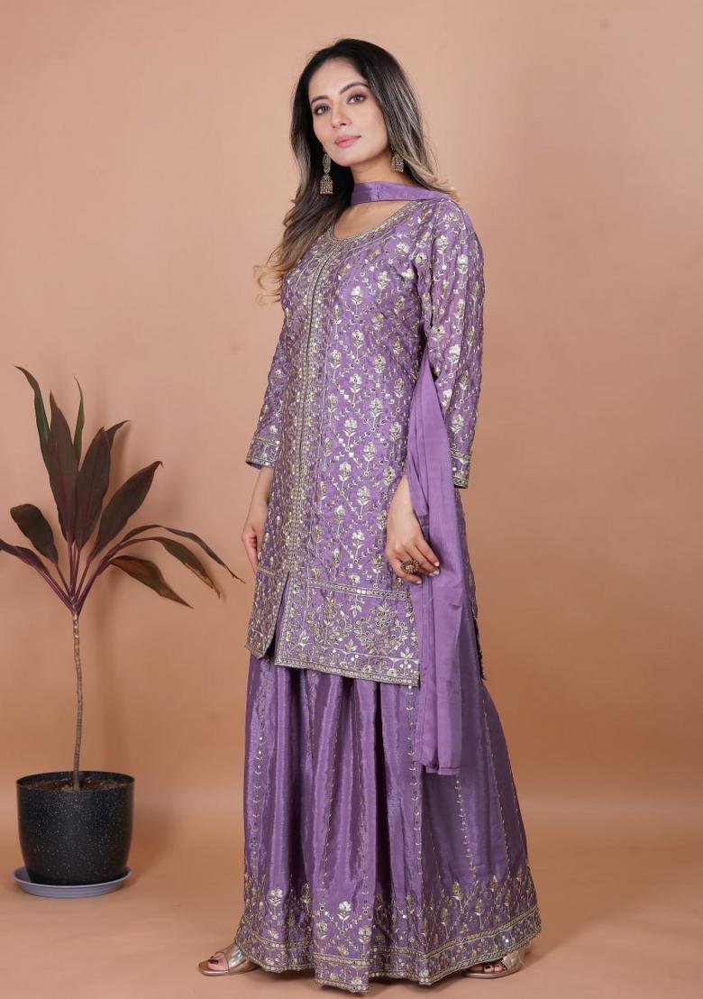 Mauve Sequin Work Chinon Kurta Set - Indya