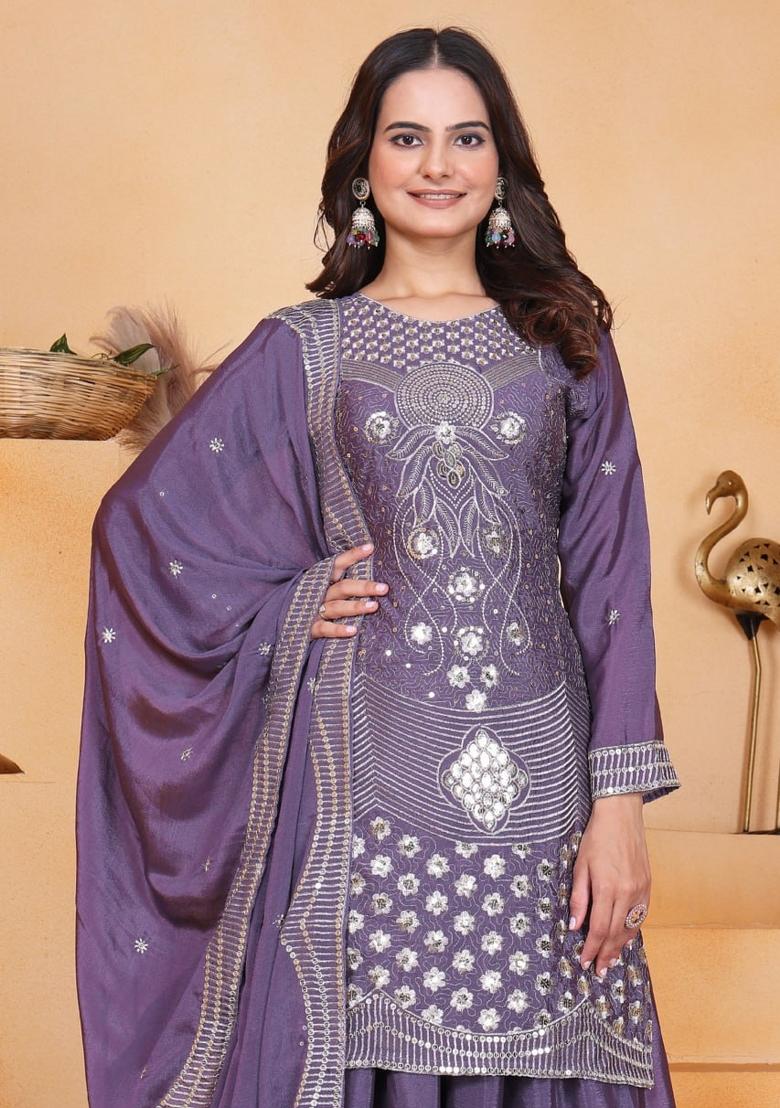 Mauve Sequin Work Chinon Kurta Set - Indya
