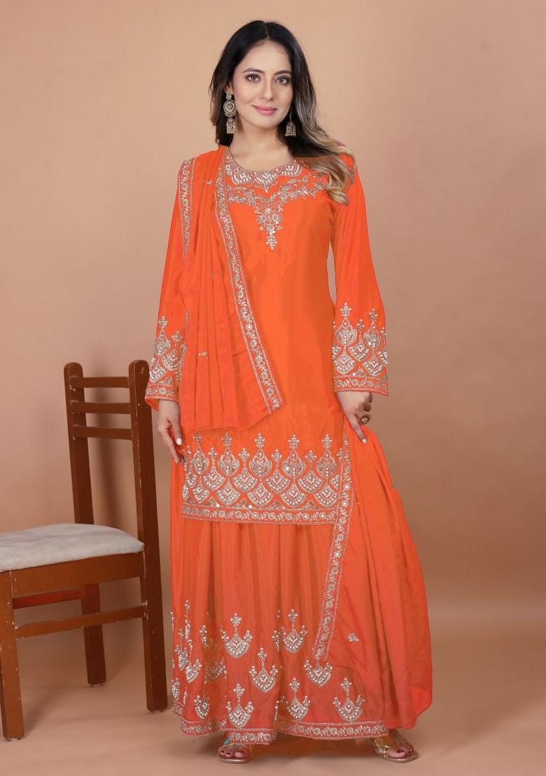 Orange Sequin Work Chinon Kurta Set - Indya