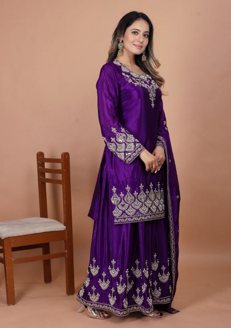 Purple Sequin Work Chinon Kurta Set - Indya