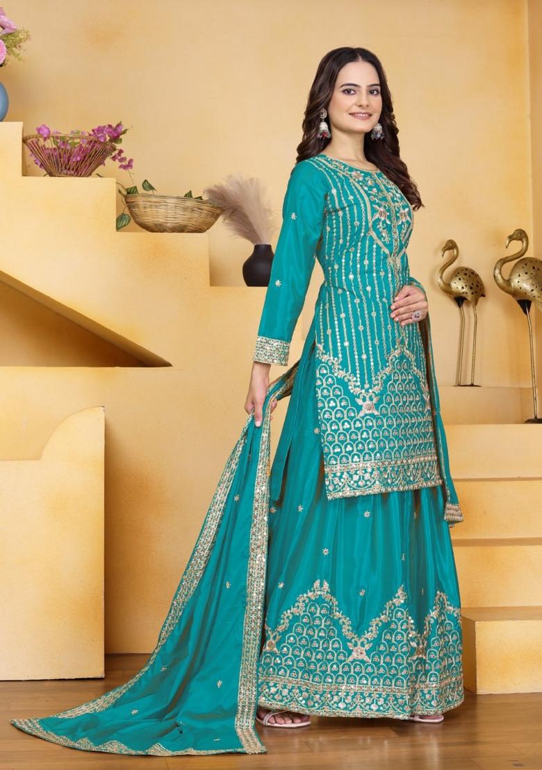 Rama Blue Sequin Work Natural Crepe Kurta Set - Indya