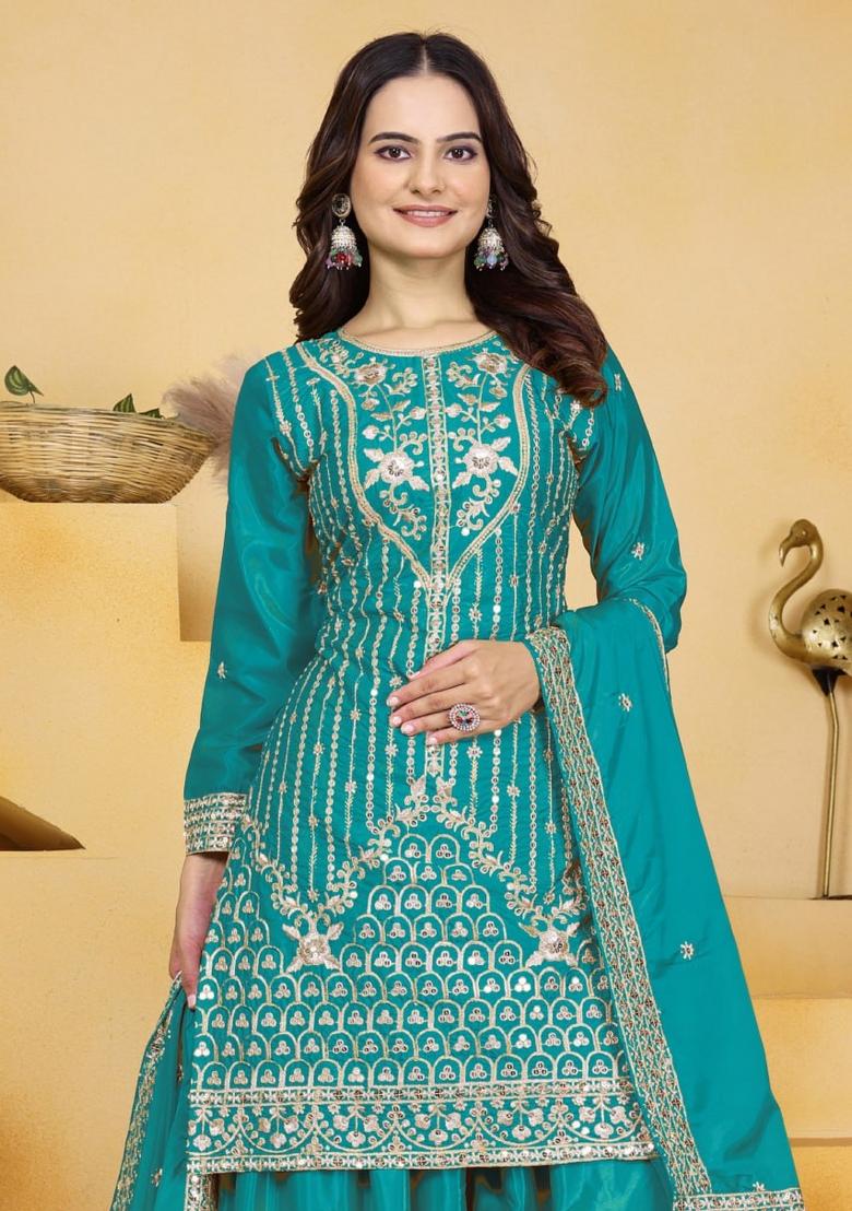 Rama Blue Sequin Work Natural Crepe Kurta Set - Indya